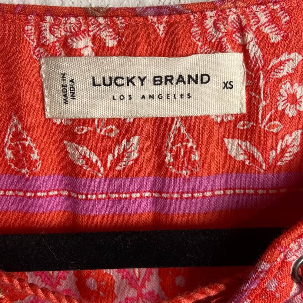 Lucky Brand Size Xs Lace Up Border Print Peasant Blouse Orange Foral Prairie - Picture 8 of 9